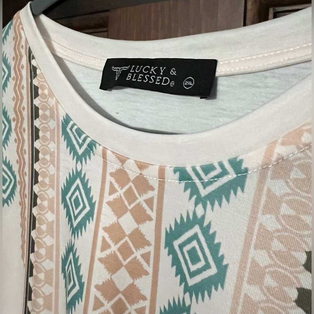 Lucky & Blessed Aztec Print Top in Dusty Pink and Turquoise 2x NWT​ - Picture 2 of 5